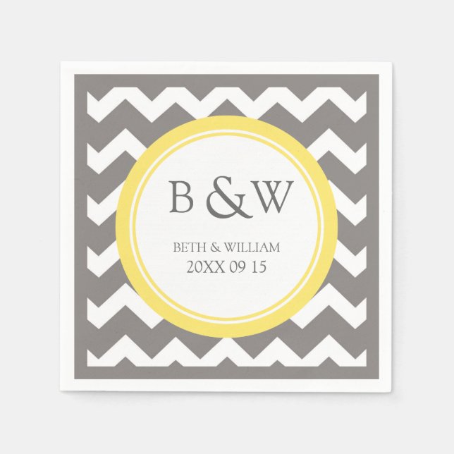 Serviette En Papier Mariage Monogramme personnalisé Napkin gris jaune  (Devant)
