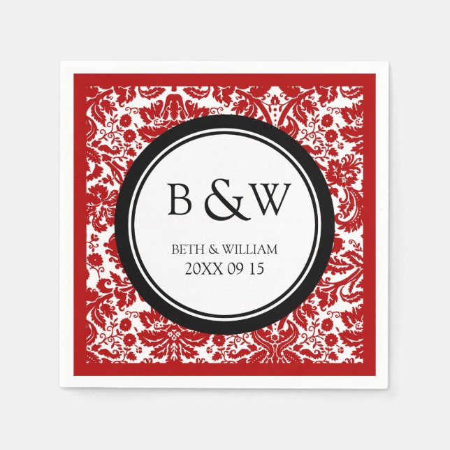 Serviette En Papier Mariage Monogramme personnalisé Napkin noir rouge  (Devant)