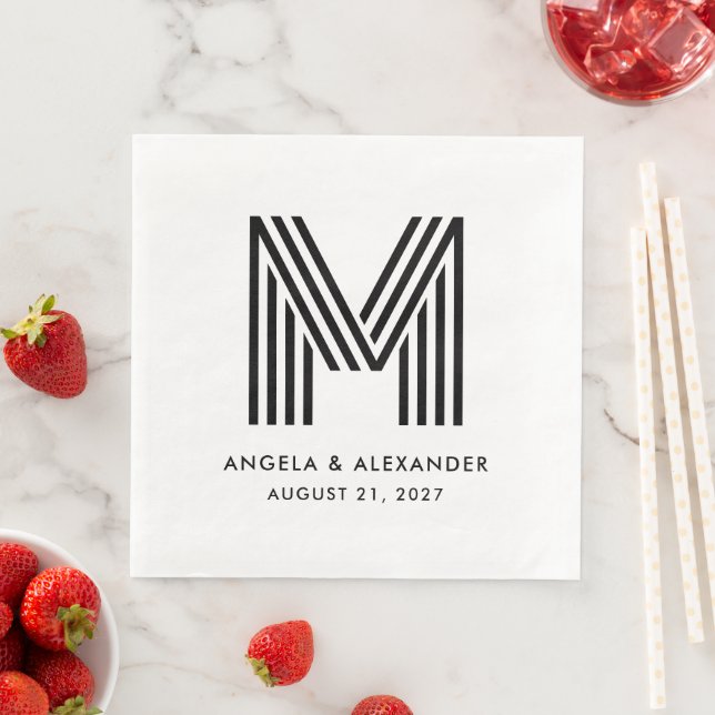 Serviette En Papier Mariage Monogramme Rayures Noir et Blanc (En situation)