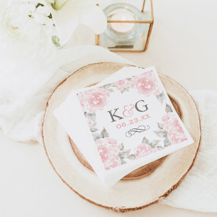 Serviette En Papier Mariage Monogramme Rose à l'aquarelle Rose Vintage