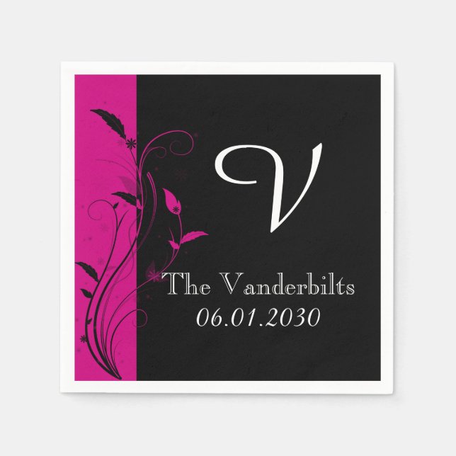 Serviette En Papier Mariage Monogramme rose noir Mariage (Devant)