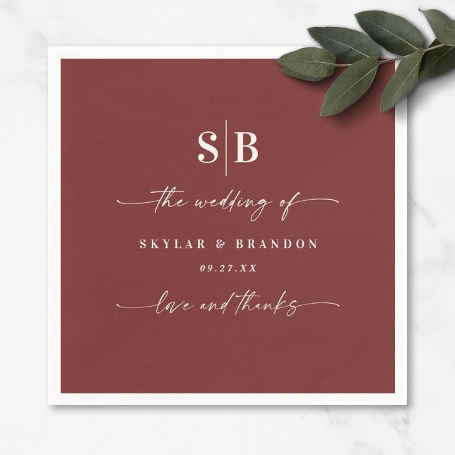 Serviette En Papier Mariage Monogramme rouge cannelle couleur solide (Créateur téléchargé)