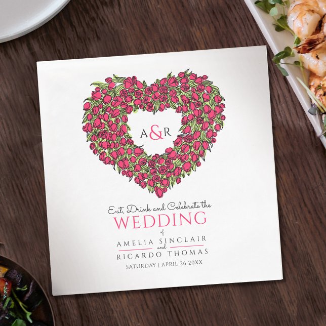 Serviette En Papier Mariage monogramme tulipes rouges dessin d'encre d (Créateur téléchargé)