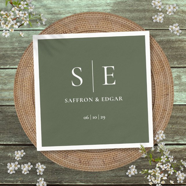 Serviette En Papier Mariage Monogramme Vert Olive (Olive Green Monogram Wedding Napkins)