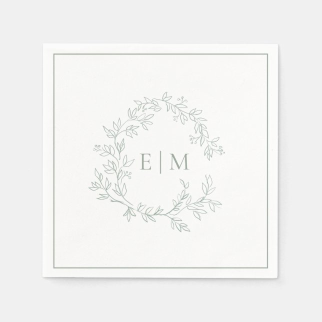Serviette En Papier Mariage Monogramme vert Sage moderne (Devant)