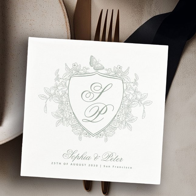 Serviette En Papier Mariage monogramme vert sauge (Créateur téléchargé)