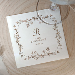 Serviette En Papier Mariage Monogramme Victorien Brun Floral Français
