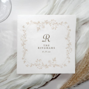 Serviette En Papier Mariage Monogramme Victorien Floral Beige Crème Fr