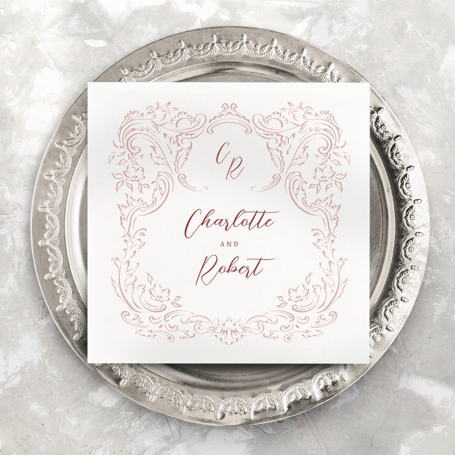 Serviette En Papier Mariage Monogramme Vintage Pink Croché (Pink Sketched Vintage Flourish Monogram Wedding Napkins)