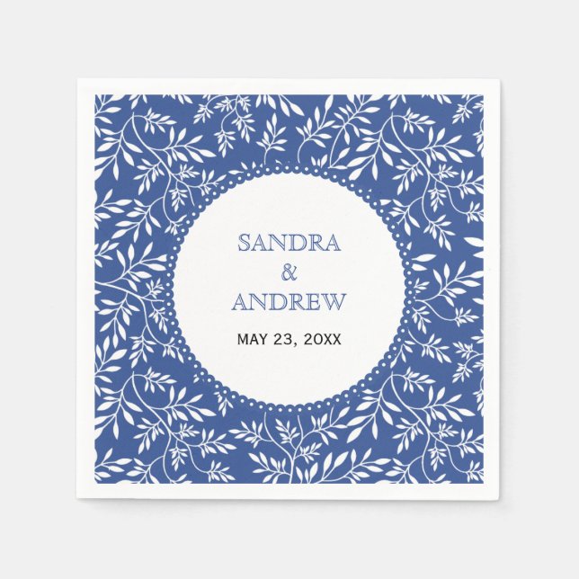 Serviette En Papier Mariage motif feuille bleu indigo moderne (Devant)
