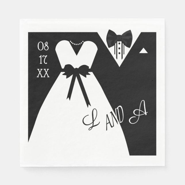 Serviette En Papier Mariage Napkin | Monogramme noir blanc mariée mari (Devant)