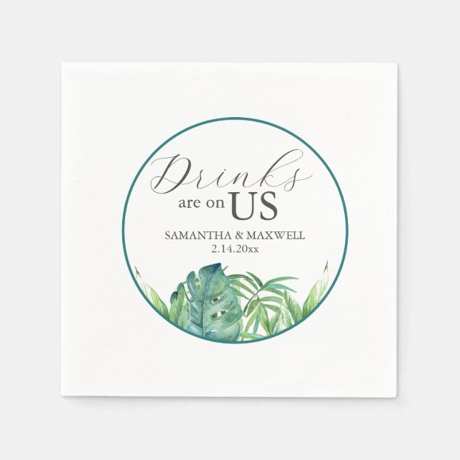Serviette En Papier Mariage Napkins Aquarelle tropicale Palm Feuille (Devant)