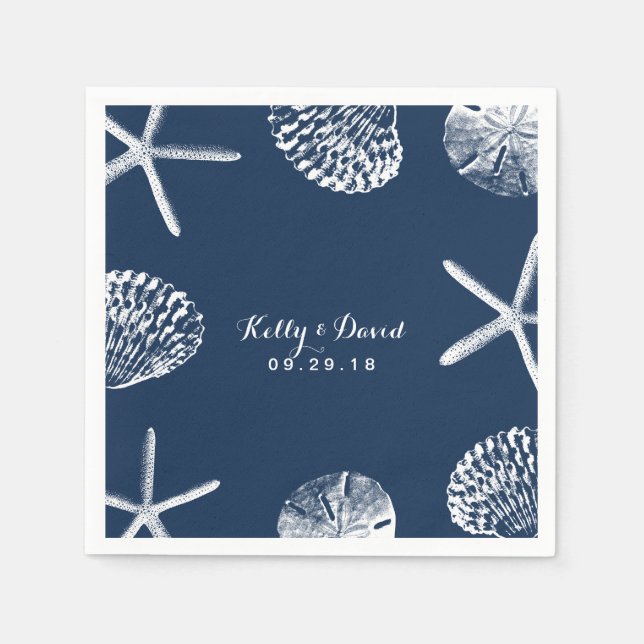 Serviette En Papier Mariage Navy Blue Beach Seashells (Devant)
