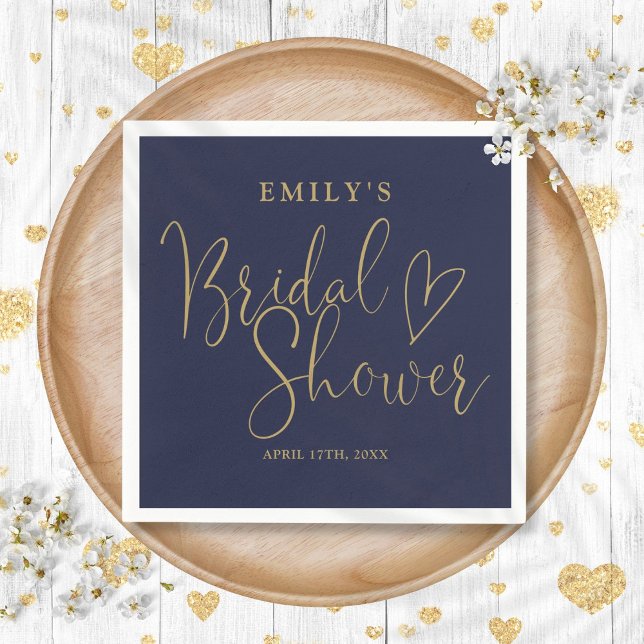 Serviette En Papier Mariage Navy Blue Calligraphie Dorée (Navy Blue Gold Script Calligraphy Bridal Shower Napkins)