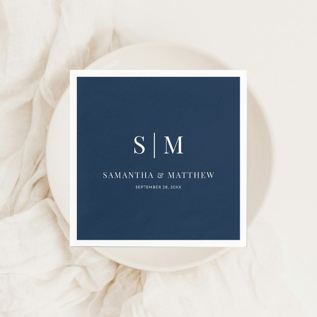 Serviette En Papier Mariage Navy Blue Simple Elegant Couple Initiales (Navy Blue Couple Initials Wedding Napkin)