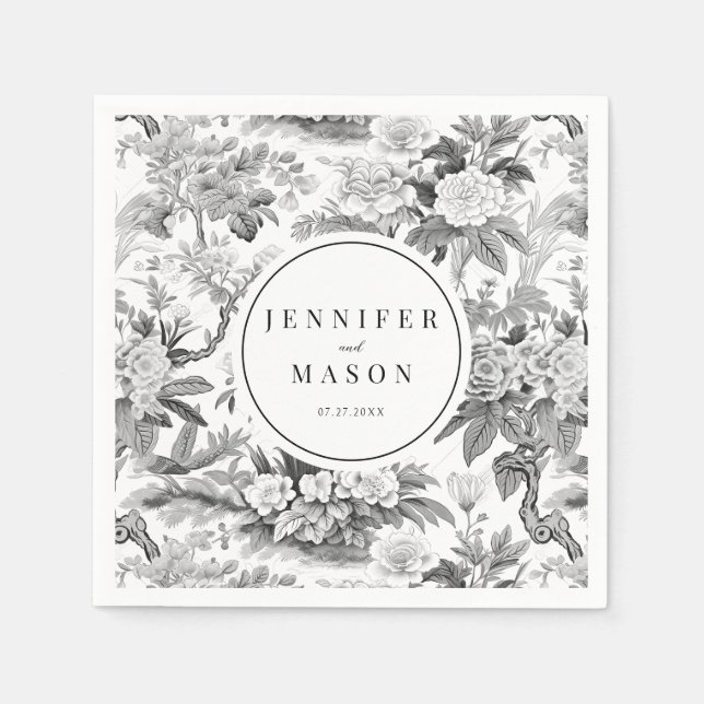 Serviette En Papier Mariage noir blanc fleur monogramme serviettes en  (Devant)