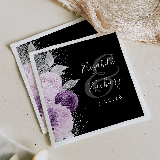 Serviette En Papier Mariage Noir Écriture Florale Violet Argent Paille (Créateur téléchargé)
