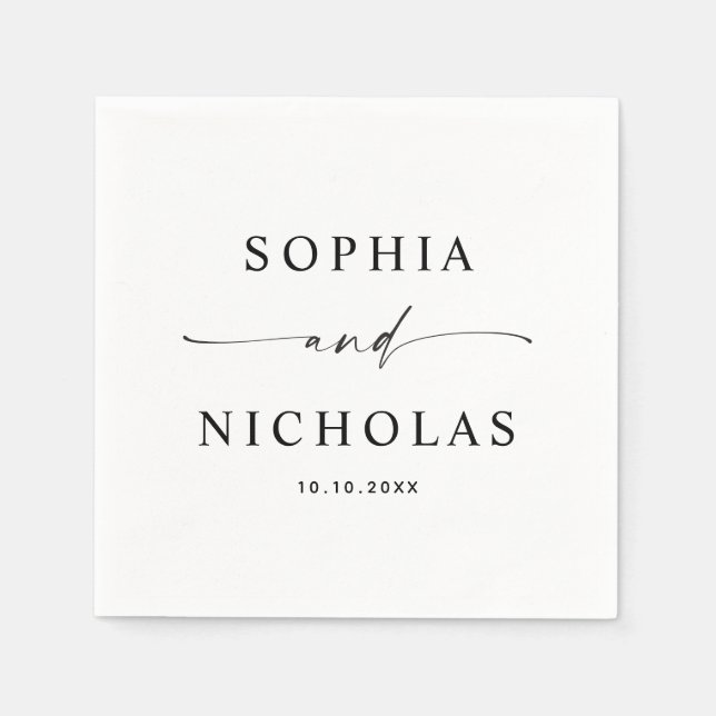 Serviette En Papier Mariage noir et blanc minimaliste | Script moderne (Devant)