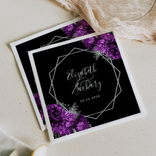 Serviette En Papier Mariage noir géométrique en argent floral violet