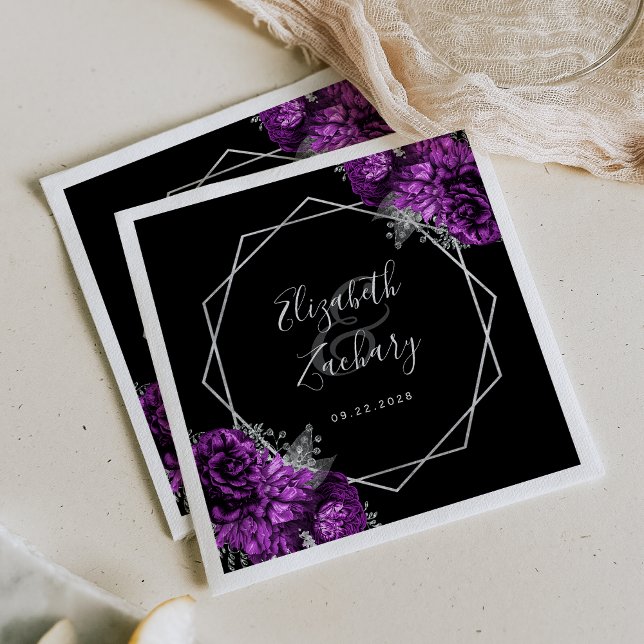Serviette En Papier Mariage noir géométrique en argent floral violet (Créateur téléchargé)