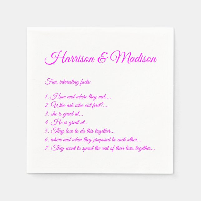 Serviette En Papier Mariage Noms de script Couple Fun Facts magenta (Devant)
