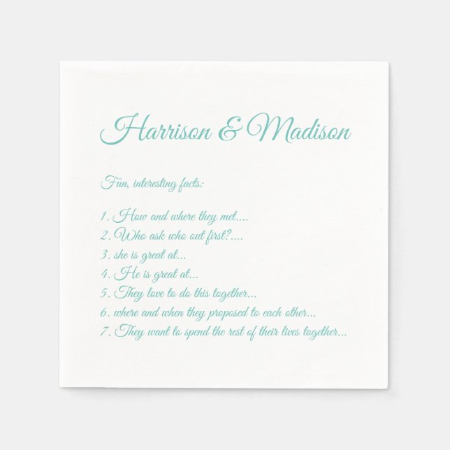 Serviette En Papier Mariage Noms de script Couple Fun Faits turquoises (Devant)