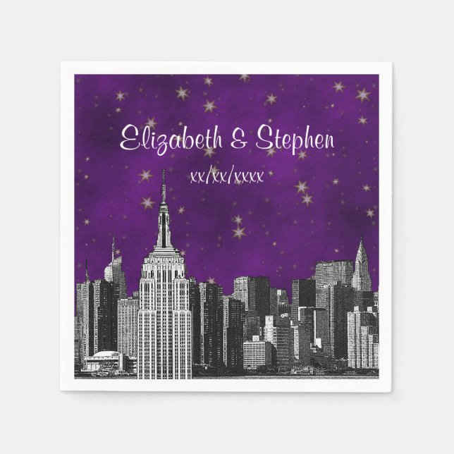 Serviette En Papier Mariage NYC ESB Skyline Gravée Étoile Violette (Devant)