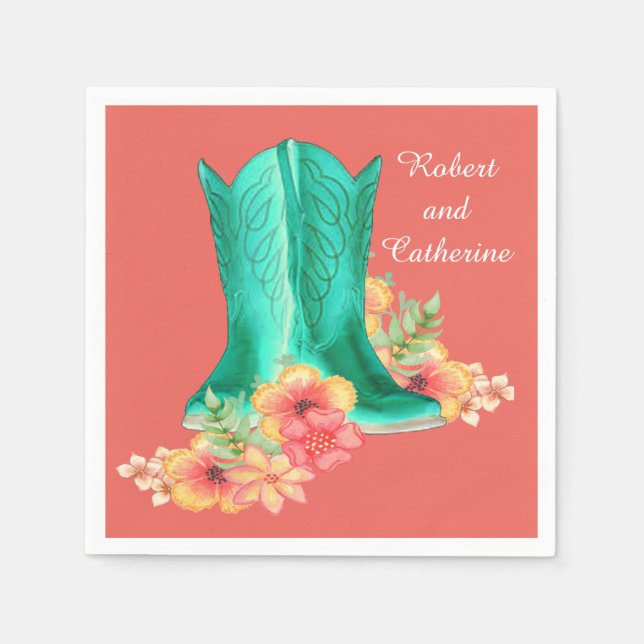 Serviette En Papier Mariage occidental Bottes de Cowboy Fleurs Nom per (Devant)