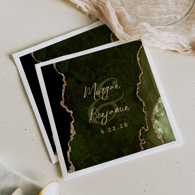 Serviette En Papier Mariage Olive Verte Agate Or Script (Créateur téléchargé)