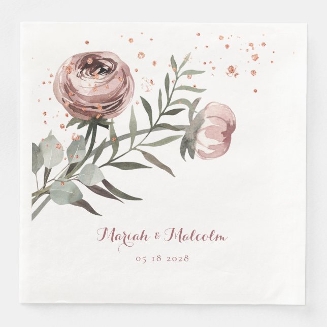 Serviette En Papier Mariage or Rose de Ranunculus rose (Devant)