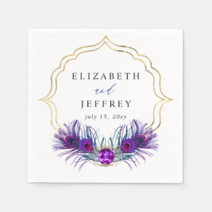 Serviette En Papier Mariage Pailleté Or Bleu Violet Plume de Paon
