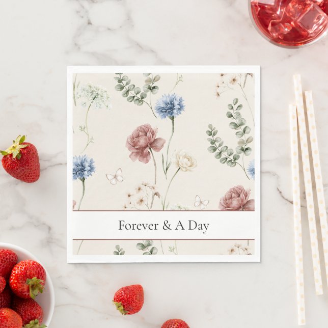 Serviette En Papier Mariage Papillon Fleurs Blanches Bleues Rose Bourg (En situation)