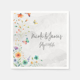Serviette En Papier Mariage papillon floral aquarelle coloré