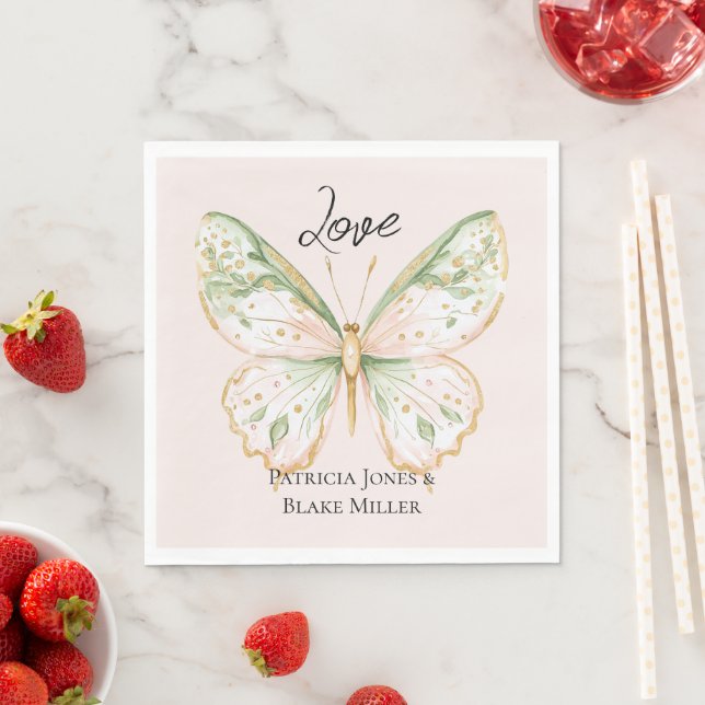 Serviette En Papier Mariage Papillon Rose Pâle Vert Menthe Or (En situation)