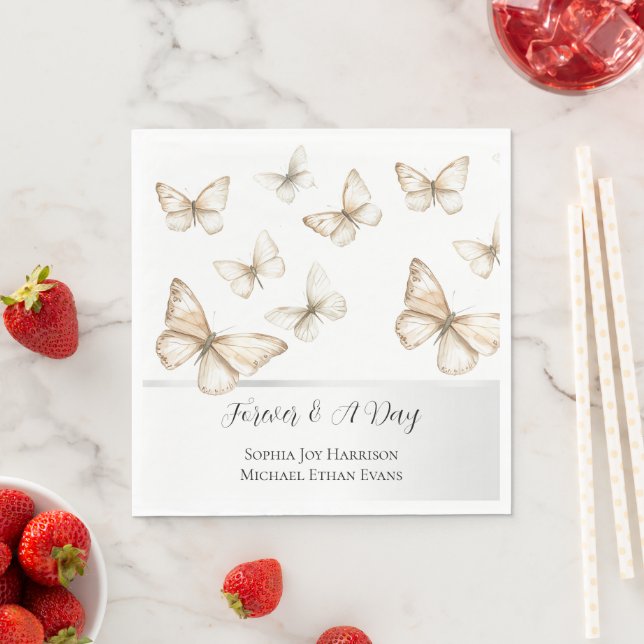 Serviette En Papier Mariage Papillons Blanc Crème Or Chic  (En situation)