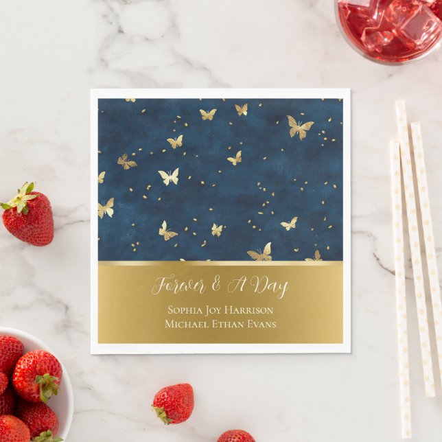 Serviette En Papier Mariage Papillons Or Bleu  (En situation)