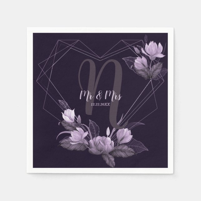 Serviette En Papier Mariage Party Violet Floral Violet cadre géométriq (Devant)