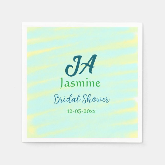 Serviette En Papier Mariage pastel aquarelle bleu vert nom da (Devant)