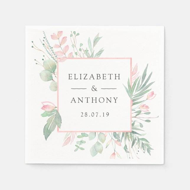 Serviette En Papier Mariage Pastel Rose et Verdure (Devant)