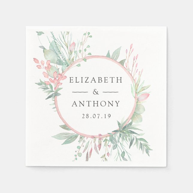 Serviette En Papier Mariage Pastel Rose et Verdure (Devant)