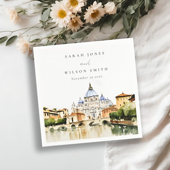 Serviette En Papier Mariage Paysage Aquarelle Rome Vatican Italie (Créateur téléchargé)