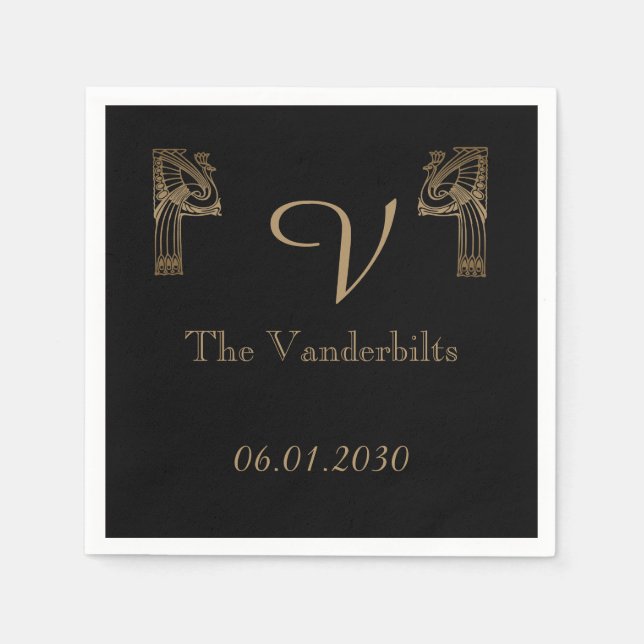 Serviette En Papier Mariage Peacock Art déco d'or noir (Devant)