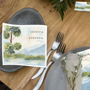 Serviette En Papier Mariage personnalisé aquarelle Lac Evergreen