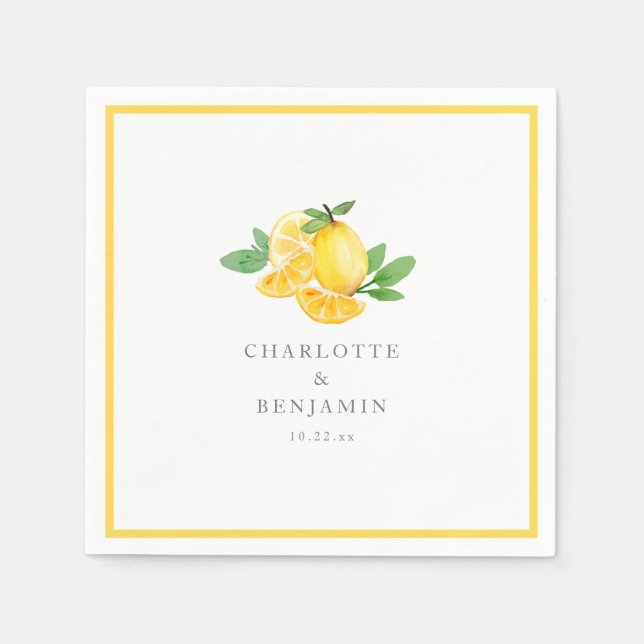 Serviette En Papier Mariage personnalisé au citron aquarelle (Devant)