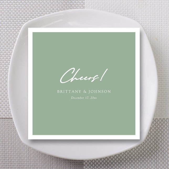 Serviette En Papier Mariage personnalisé avec écriture "Cheers" vert s (Personalized Unique White Cheers Script Sage Green Wedding Napkins)