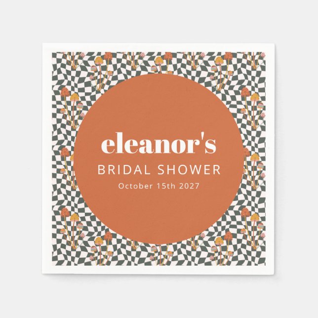 Serviette En Papier Mariage Personnalisé Champignon Damier Orange Rétr (Devant)