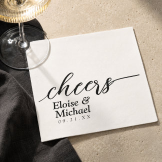 Serviette En Papier Mariage Personnalisé 'Cheers' Noir & Blanc Moderne