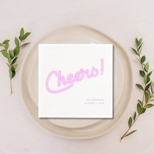 Serviette En Papier Mariage Personnalisé Cheers Violet Néon (Neon Purple Cheers Personalized Wedding Napkins)