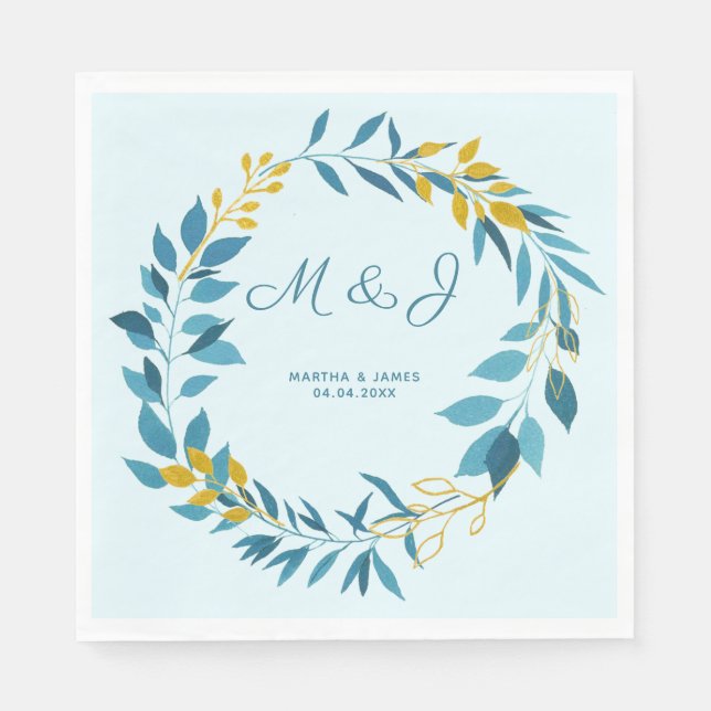 Serviette En Papier Mariage personnalisé Elegant Blue Gold Leaf (Devant)