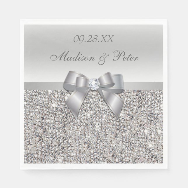 Serviette En Papier Mariage personnalisé Faux Silver Sequins Bow (Devant)
